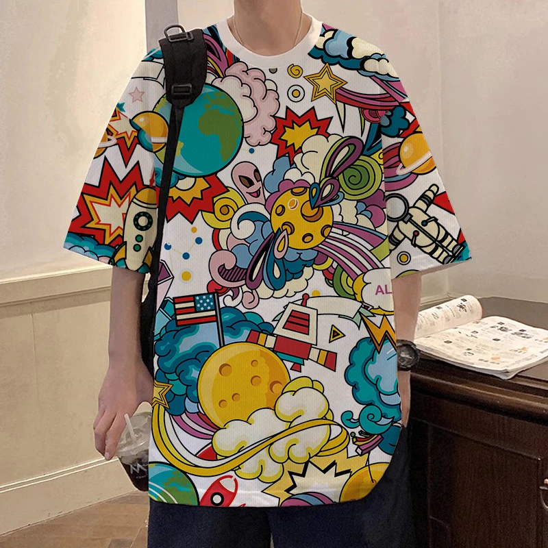 潮牌短袖T恤男夏季新款涂鸦印花圆领半袖大码加肥冰丝速干半截袖