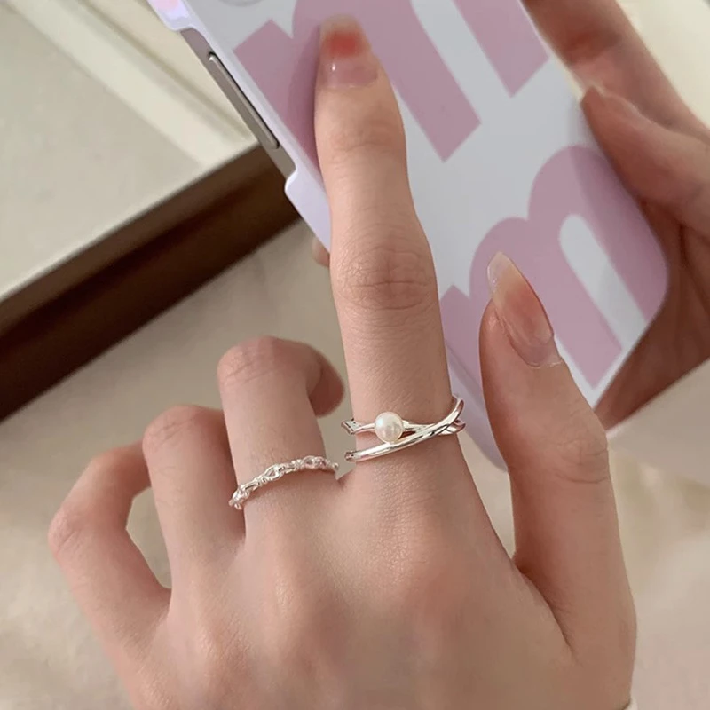 冷淡风珠珠戒指女小众设计感开口戒指女新款时尚个性食指戒链条