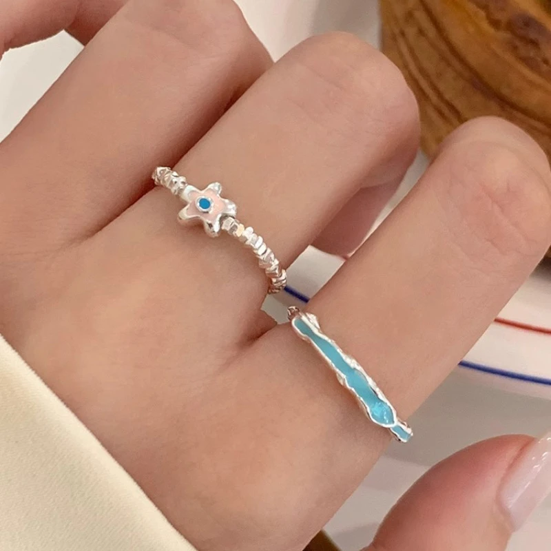 韩版简约花朵串珠彩色戒指女时尚小众设计食指戒ins弹力甜美可爱