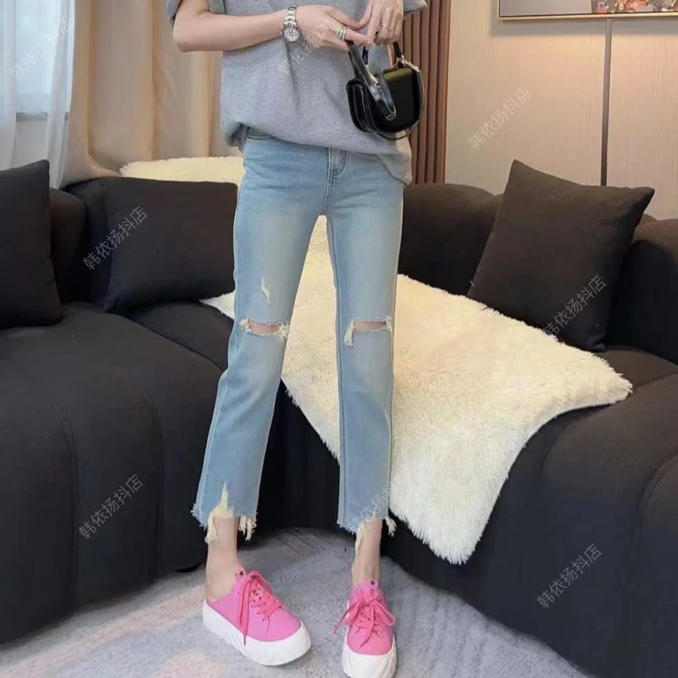 H.XIAOWEN.Y时尚显瘦百搭外出破洞新款磨破八分牛仔小烟管K169359