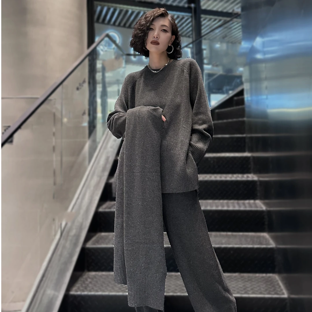 POPULARYW【忽而晚秋】Z.R上品屋 围巾毛衣针织休闲裤三件套套装