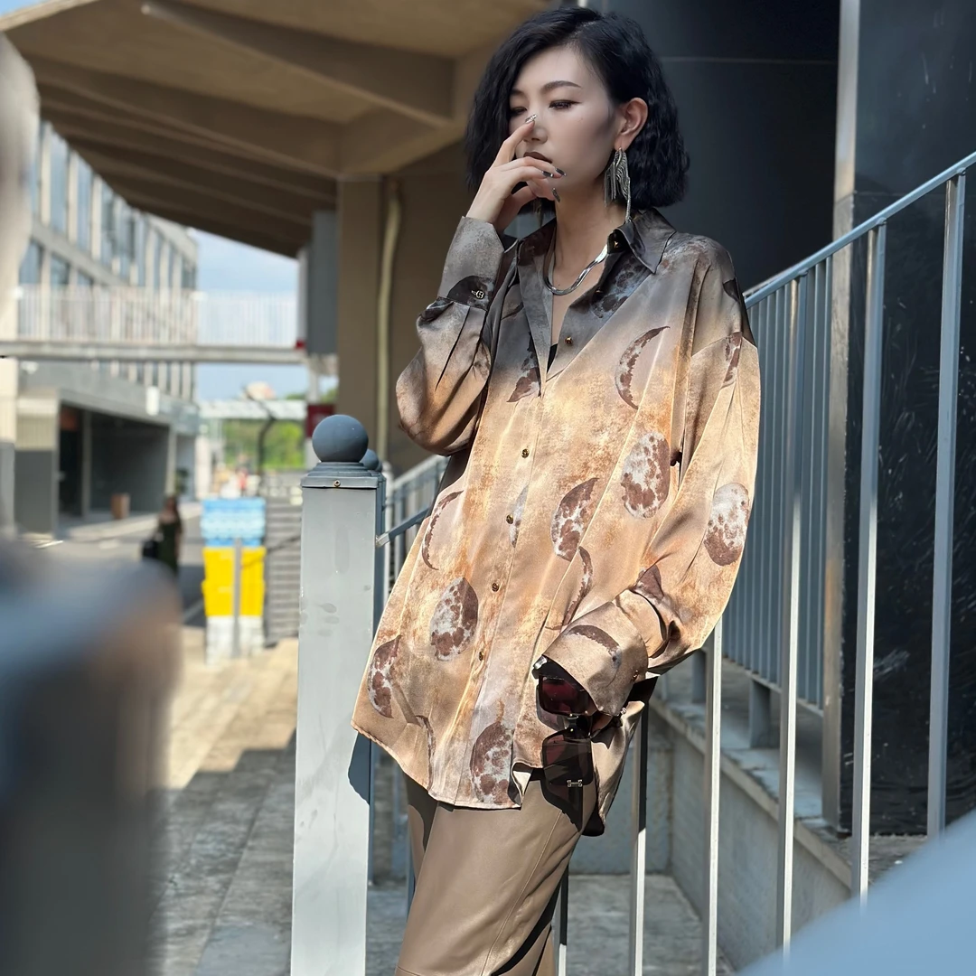 POPULARYW【独行月球】Z.R上品屋 复古印花侧开叉休闲长袖衬衫上衣
