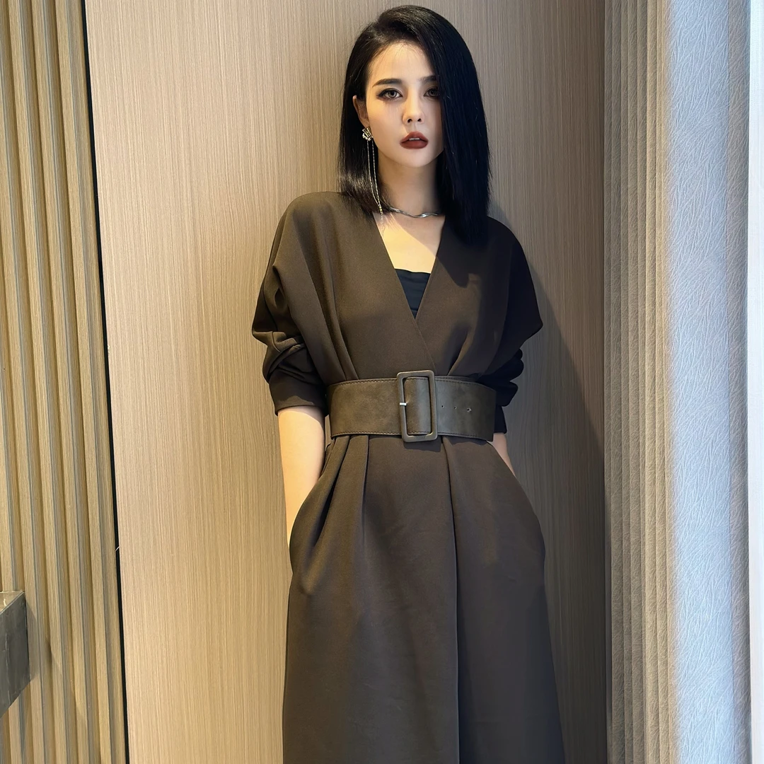 POPULARYW【庭深几许】Z.R上品屋 海松绿高级感气质系带长款连衣裙