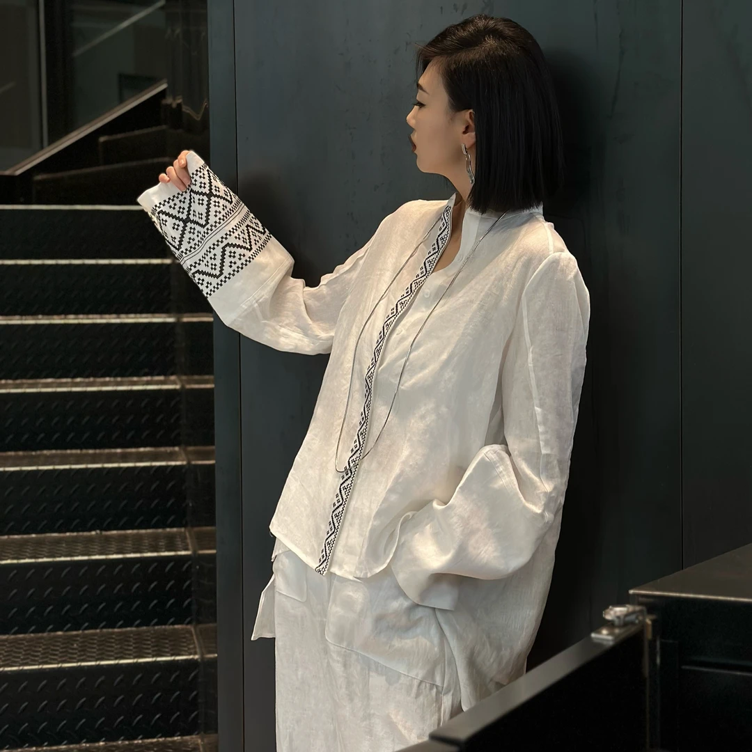 【Z.R上品屋】亚麻刺绣前短后长不对称宽袖上衣外套