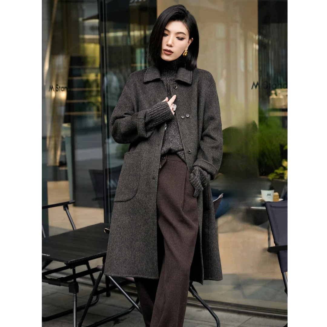 POPULARYW【再别康桥】Z·R上品屋 翻领大口袋中长款双面毛呢大衣