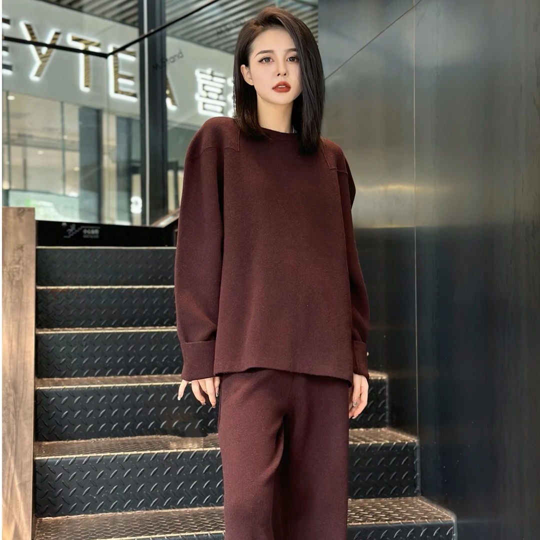 POPULARYW【蜜赫】Z.R上品屋 圆领阔肩袖针织上衣直筒休闲裤套装