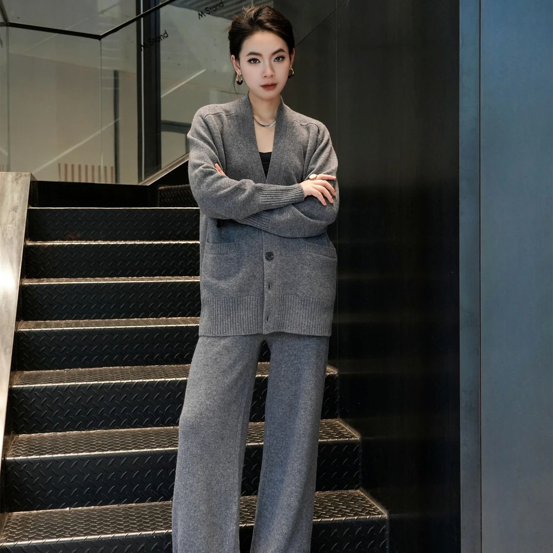 POPULARYW【落月书灯】Z·R上品屋 纽扣收腰开衫松紧腰直筒长裤套装