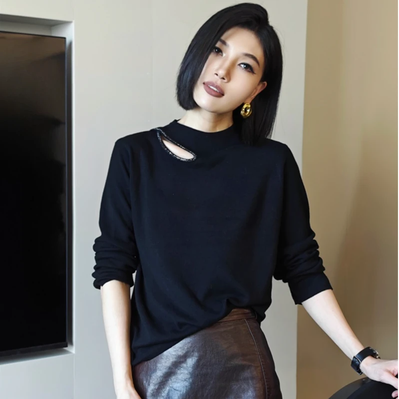 POPULARYW【只许庭花】Z·R上品屋 小立领侧肩镂空针织衫