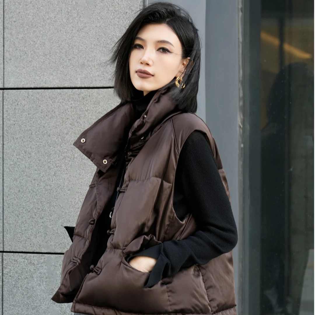 POPULARYW【今时锦瑟】Z·R上品屋 盘扣立领宽松白鹅绒羽绒马甲