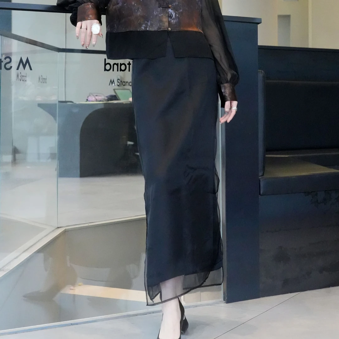 POPULARYW【似雨馀云】Z·R上品屋 简约气质欧根纱开叉显瘦半身裙