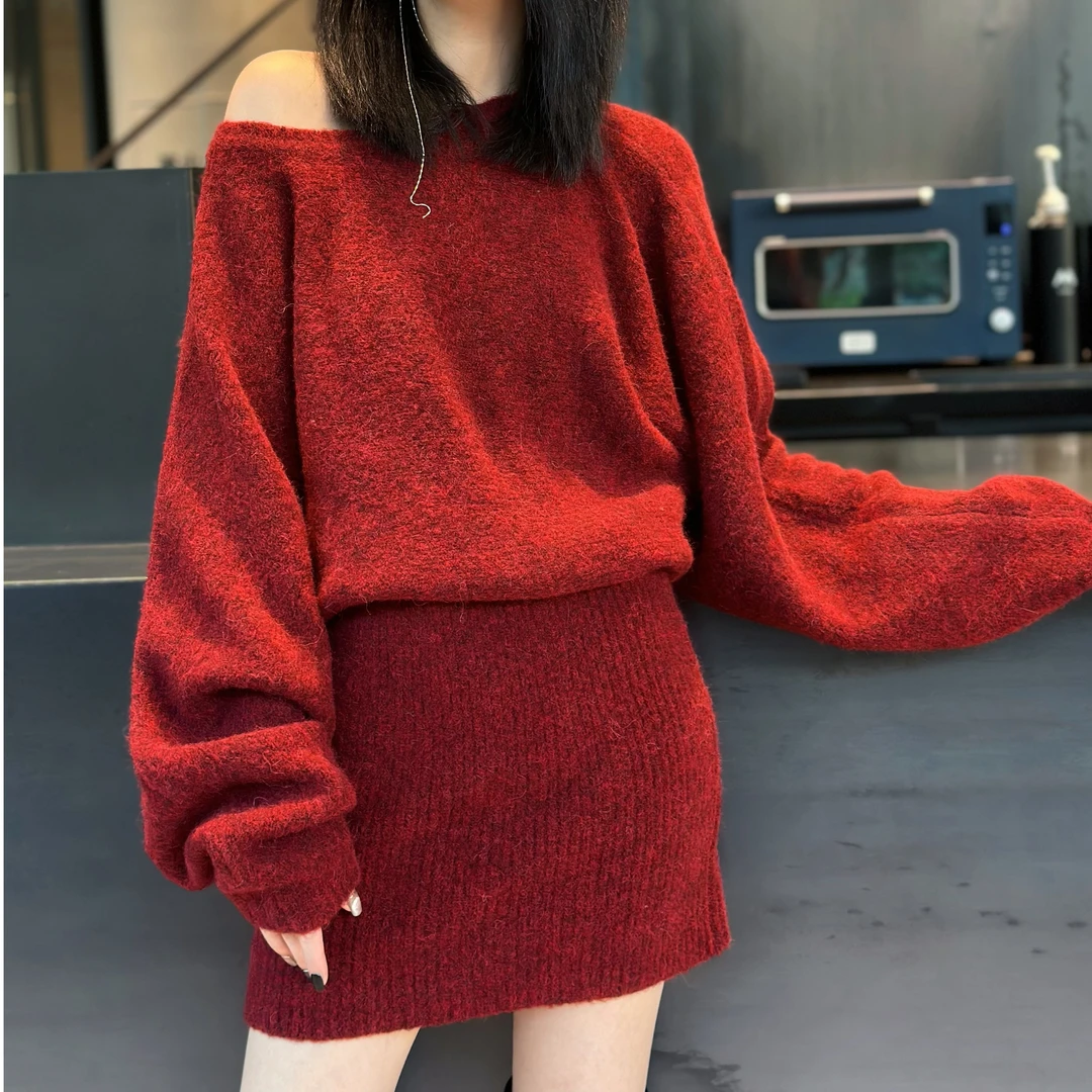 POPULARYW【采蘋】Z.R上品屋 斜口设计感长袖宽松针织包臀毛衣裙