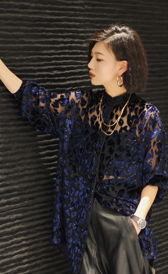 【蓝田烟缕】Z.R上品屋 小众蓝色提绒亮丝朦胧微透中式上衣