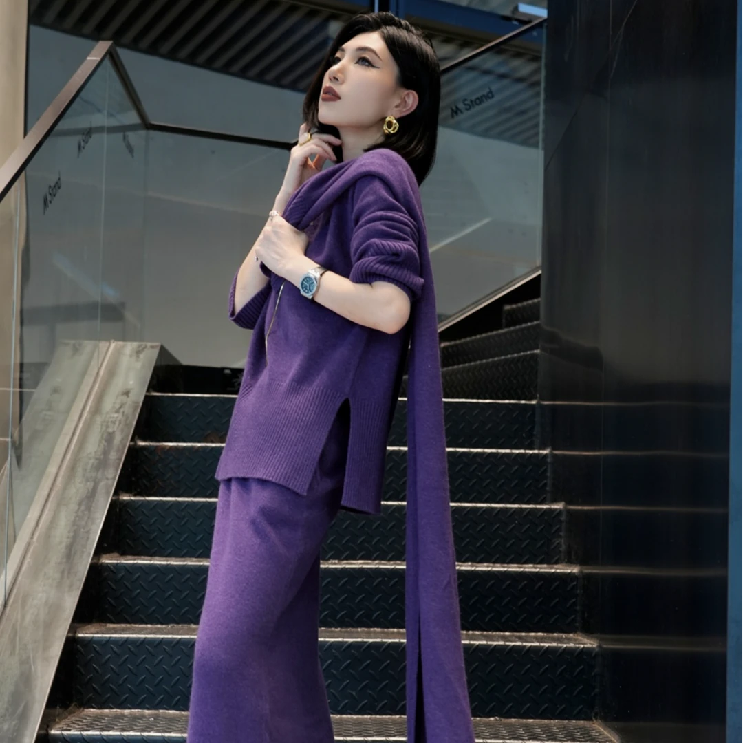 POPULARYW【蔓雨萦烟】Z·R上品屋 针织衫松紧腰直筒裙围巾三件套