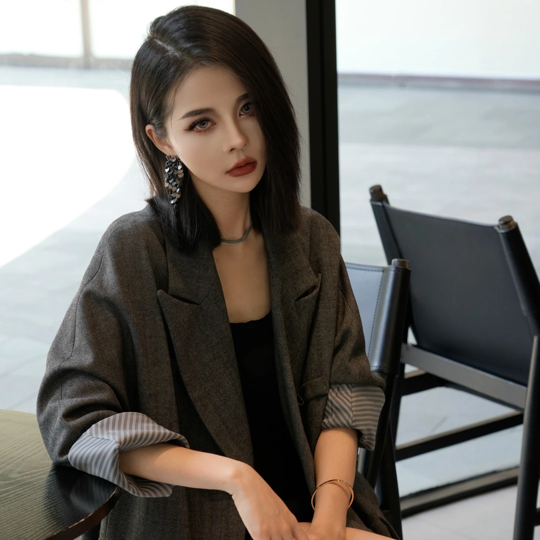 POPULARYW【故溪歇雨】Z·R上品屋 极简灰色双排扣宽松休闲西装