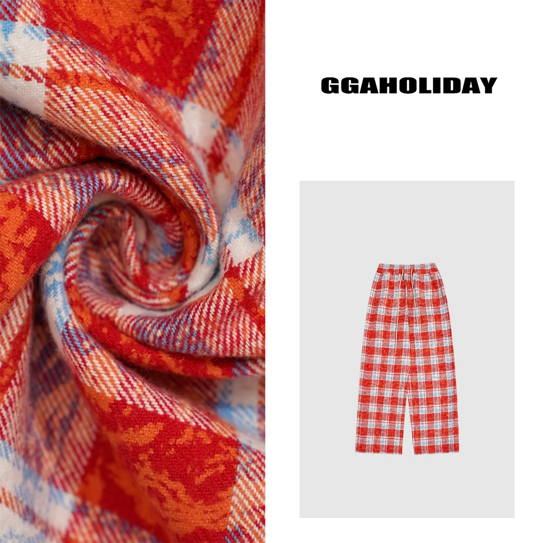 潮牌个性裤子红色阔腿裤情侣宽松洋气薄款格子裤 143110