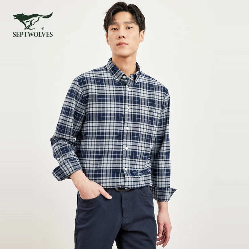 【纯棉】七匹狼大格纹长袖休闲衬衫男2024秋季新款时尚单口袋衬衣潮