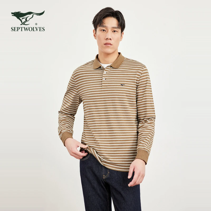【纯棉】七匹狼时尚条纹长袖polo衫男2024秋季新款商务休闲翻领上衣