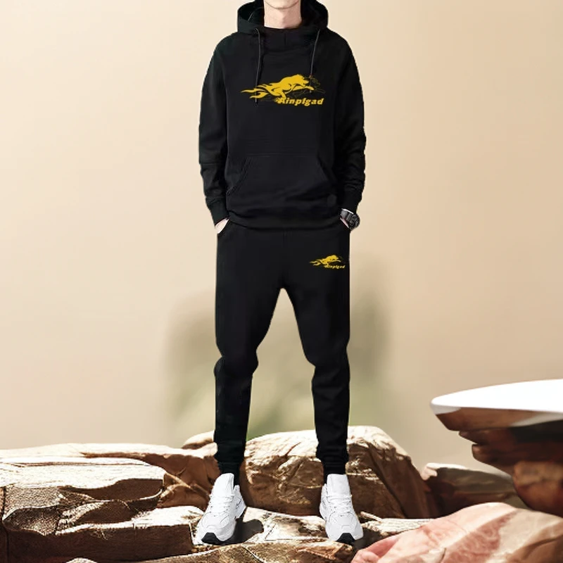 秋冬款男士加绒加厚套装连帽卫衣运动休闲帅气印花秋冬季青年加绒