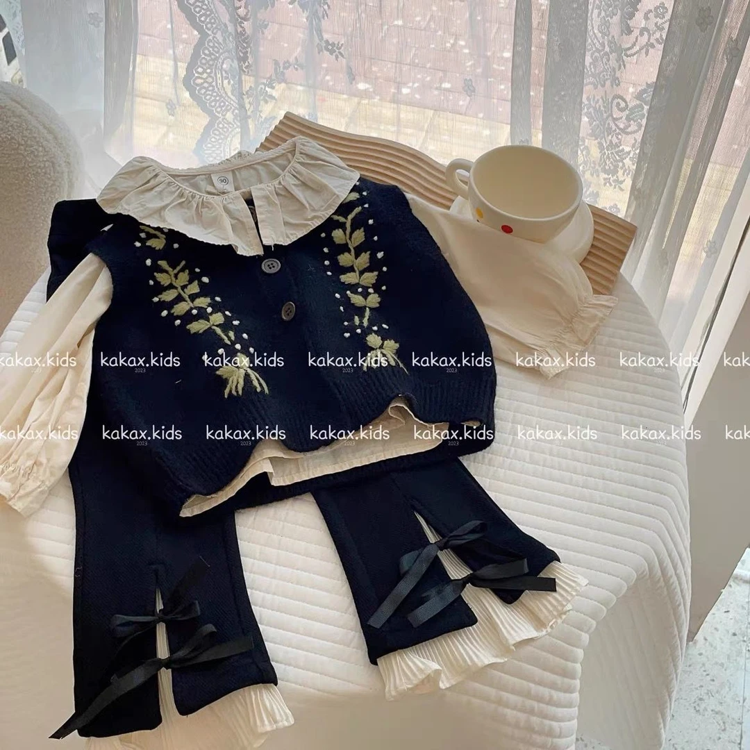 女童春秋套装2023新款女宝宝秋季洋气网红衬衣毛线背心长裤三件套