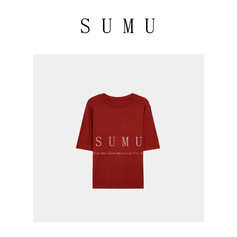 宿慕舒适纯色圆领短袖t恤女2024夏季新款简约修身百搭洋气19578