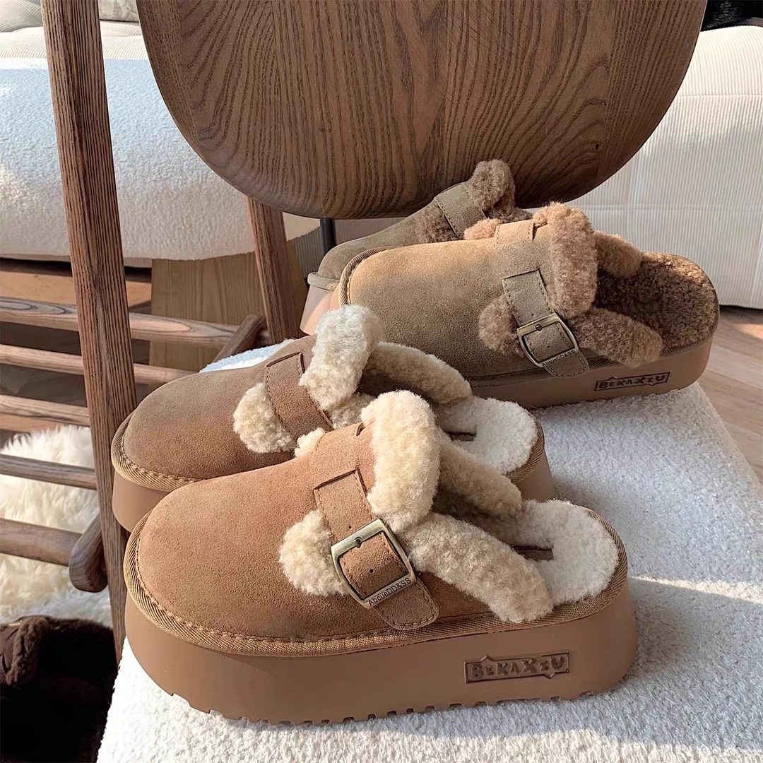 252a6593厚底博肯拖鞋复古加绒保暖冬季毛拖网红时尚防滑