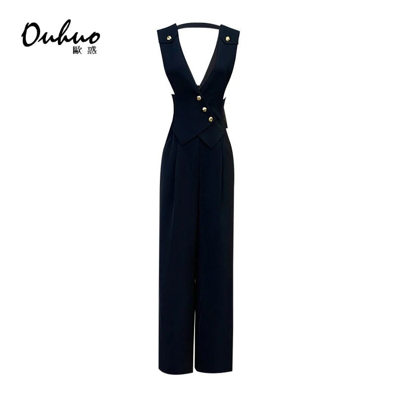 【苏苏定制】2023早秋新款气质时尚百搭黑色阔腿背带裤子OHPAF08051