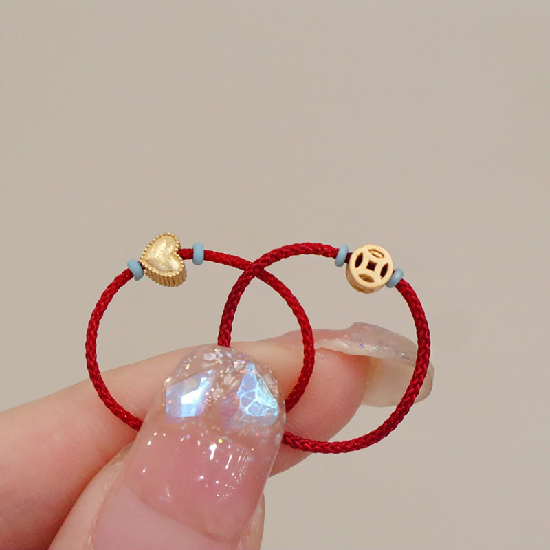 925银戒指 爱心钱币红绳戒指手工编织新中式小众高级转运红色