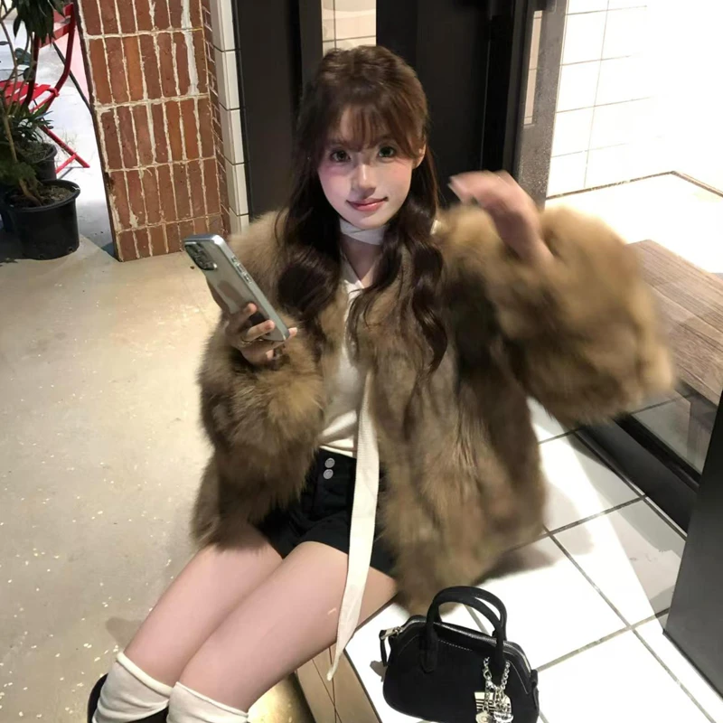 高级感气质名媛晕染霜色毛毛外套2024冬季新款时尚百搭毛绒绒上衣