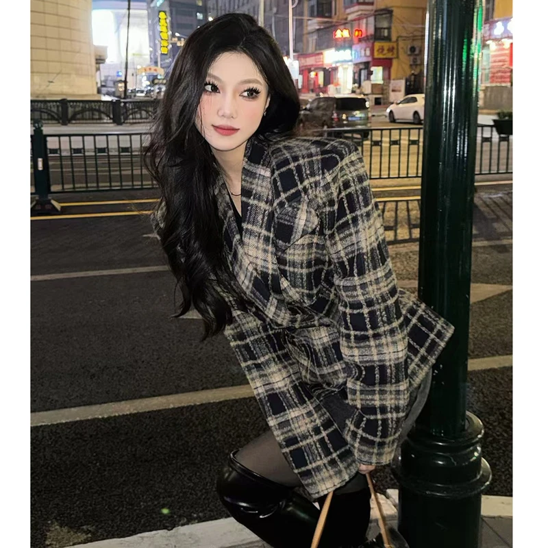 辣妹复古格子毛呢西装外套女2024秋冬新款高级感修身显瘦西服上衣