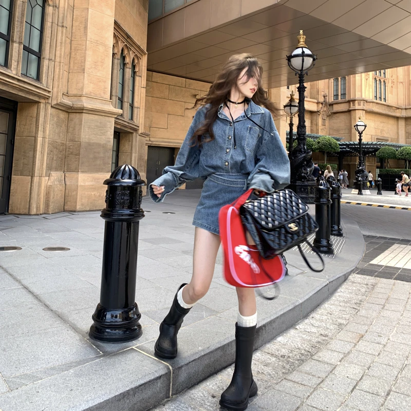 美式复古牛仔套装女春秋季设计感小众牛仔外套+半身短裙子两件套