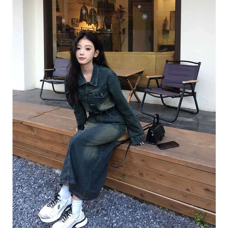 返潮复古港风气质牛仔连衣裙春季新款女收腰显瘦高腰A字长裙女