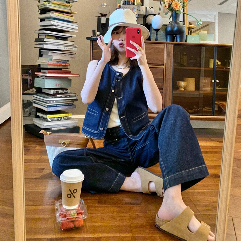 复古腔调简约叠穿时髦短款牛仔马甲背心高腰宽松直筒牛仔裤两件套