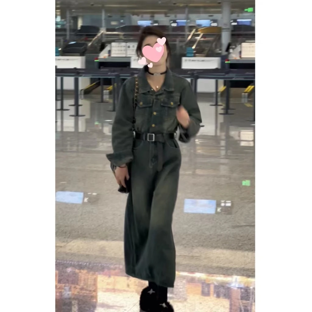 春款牛仔裙复古港风做旧气质百搭收腰宽松中长款牛仔连衣裙女