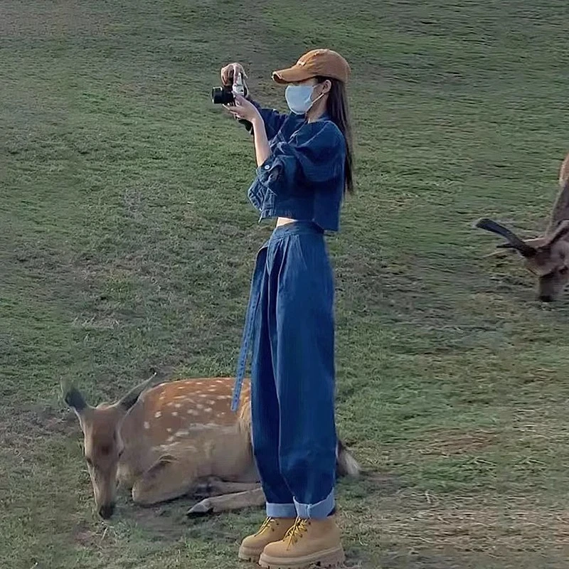 返潮复古一整套2025年春季新款时尚女装高级感牛仔外套阔腿裤套装