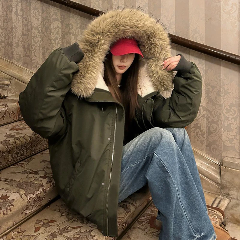 大毛领软糯保暖连帽棉服女冬季新款工装派克服宽松超好看爆款棉衣