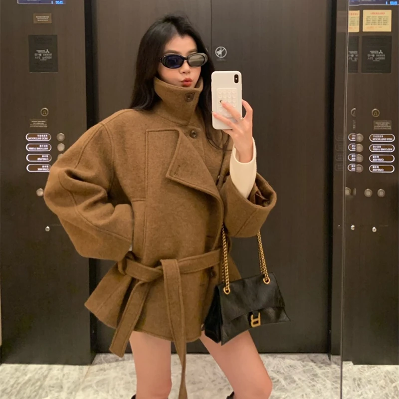 金敏喜同款不对称立领毛呢外套秋冬新款小个子短款系带短款外套