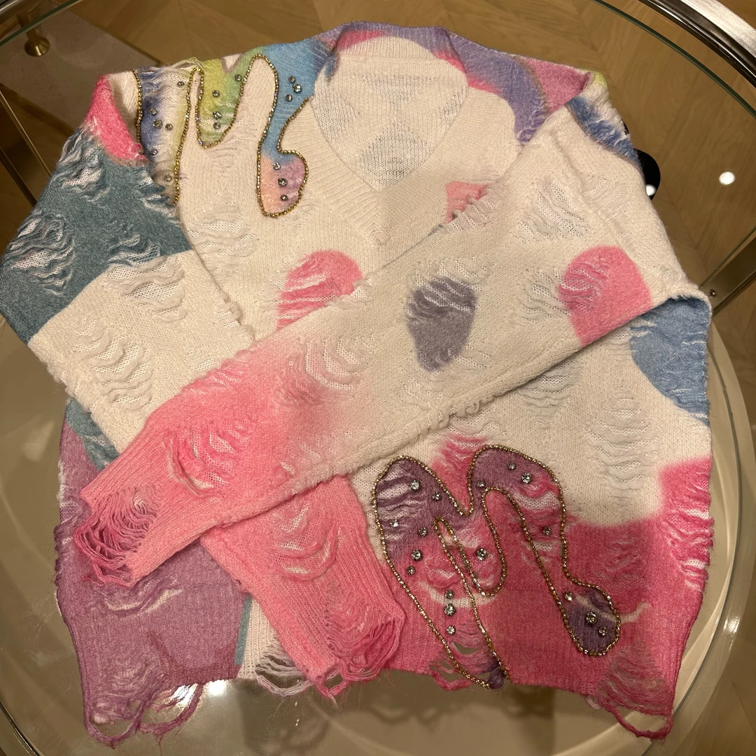 DEARXJ-086新款初秋彩色针织手工钉珠针织上衣