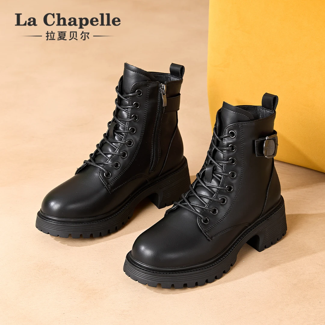 拉夏贝尔2025秋季新款百搭增高小个子厚底靴黑色英伦风系带马丁靴