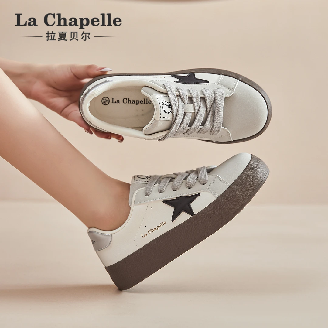 拉夏贝尔休闲德训鞋女款秋季新款百搭软底小白鞋圆头厚底防滑板鞋