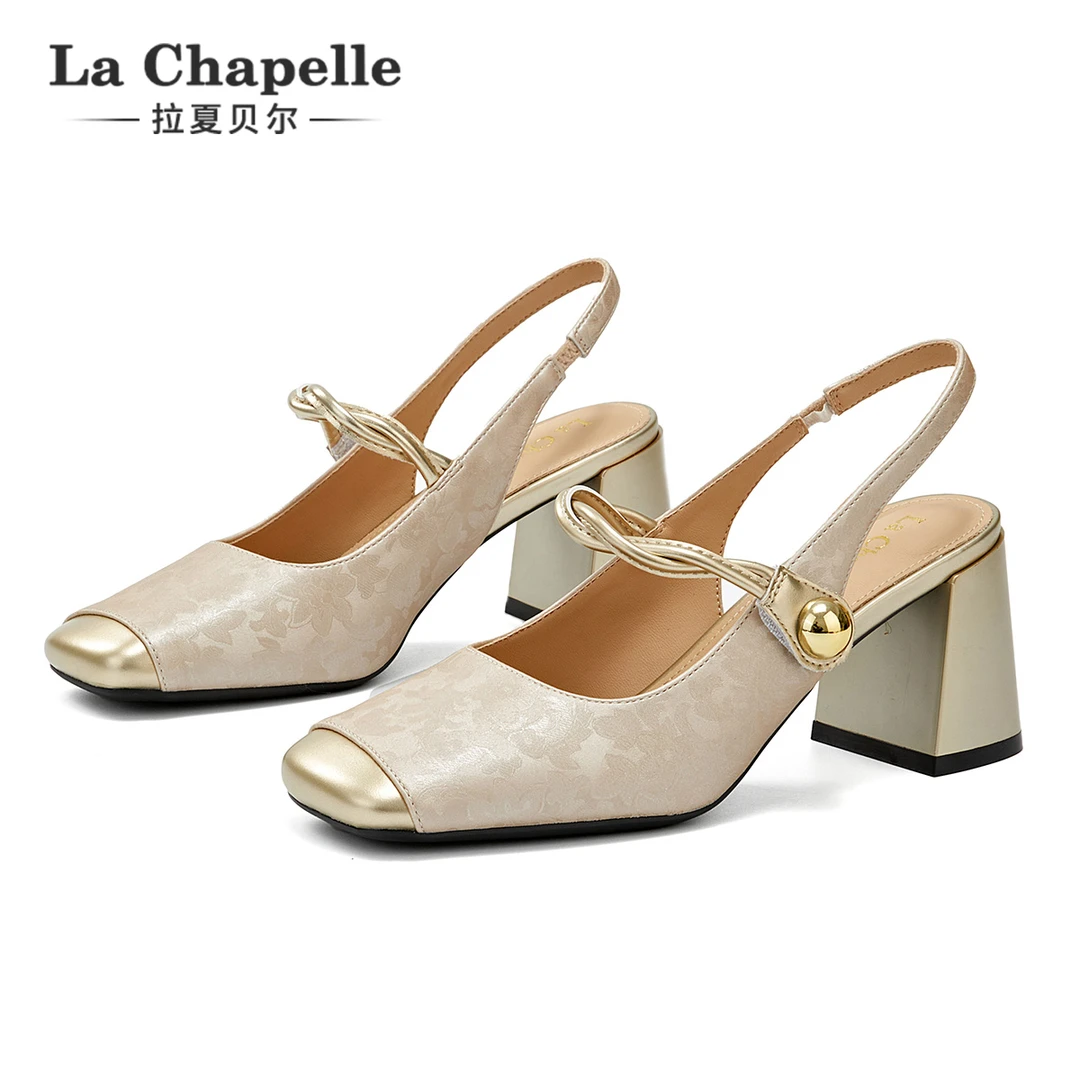 拉夏贝尔高跟凉鞋女款秋季透气超仙气质百搭法式粗跟方头爆款单鞋