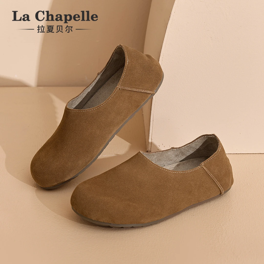 拉夏贝尔软皮复古软底女鞋新款秋季百搭时尚淑女一脚蹬平底单鞋子