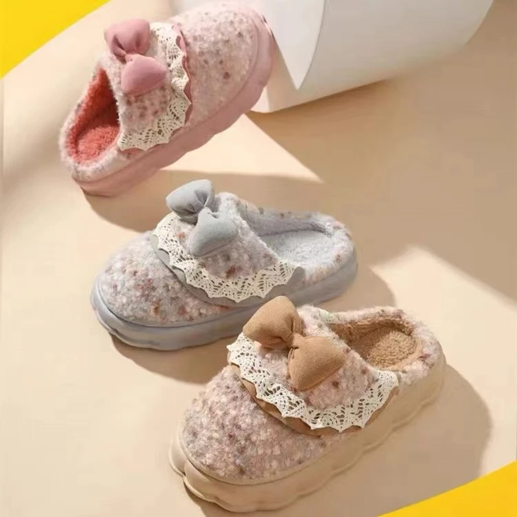 步旅蝴蝶结棉拖鞋8347秋冬季女士室内家居厚底毛绒月子拖鞋女冬天