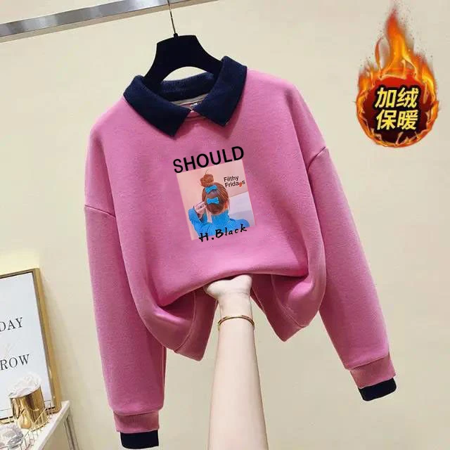 polo领洋气撞色拼接假两件设计感卫衣女秋冬加绒保暖宽松百搭上衣