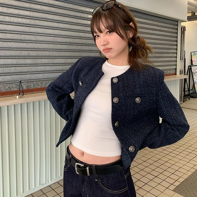 藏蓝色短款小香风外套女2024秋季单排复古新款高级宽松长袖上衣