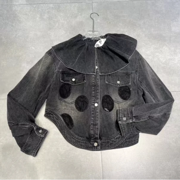 时尚休闲圈圈拼接大翻领牛仔外套N0345