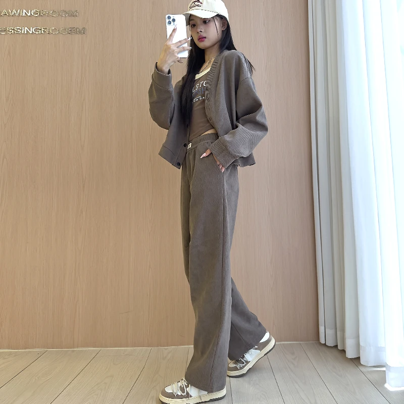 加绒休闲套装女两件套韩版秋冬时尚宽松高腰阔腿外穿开衫外套1027