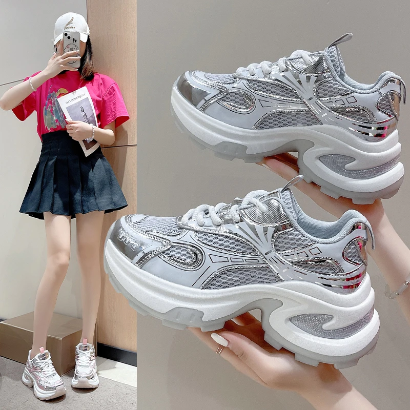 银色厚底老爹鞋女2024年夏新款小个子增高百搭透气网面小众运动鞋