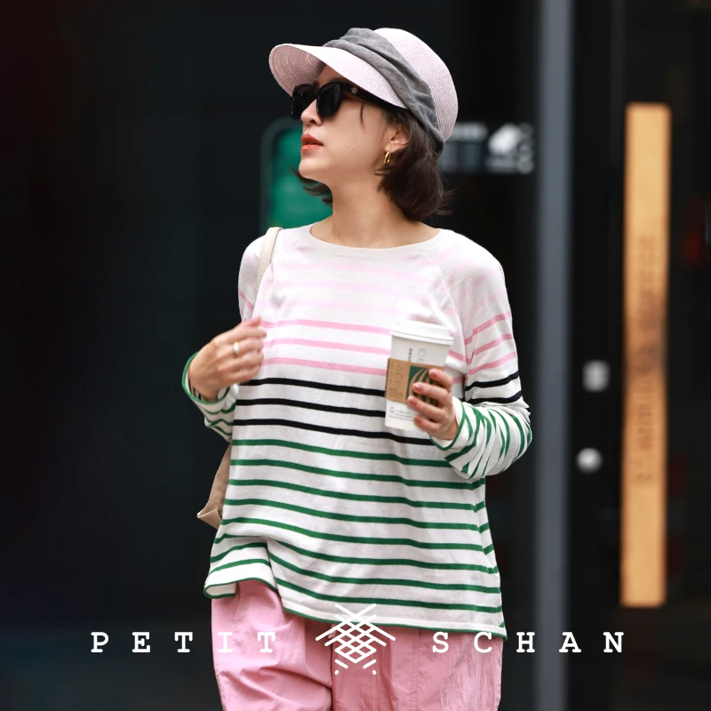 Petit Schan小闪 欢乐颂 全棉撞色条纹圆领长袖针织T恤