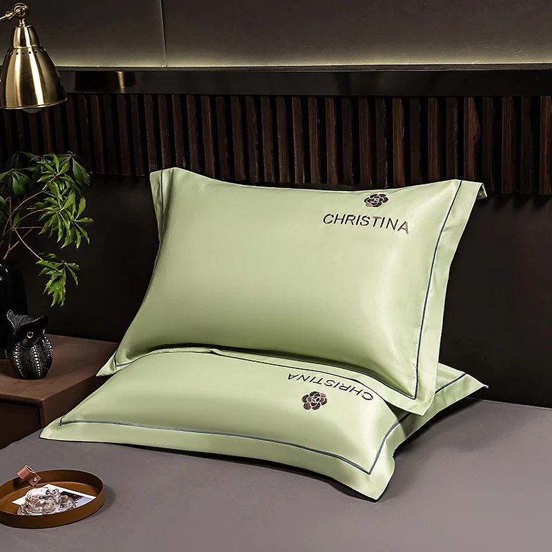 夏季水洗丝滑冰丝枕套单人枕头套单只装刺绣枕芯套48x74cm一对装