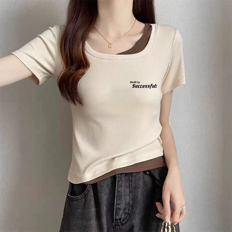 正肩短款t恤女2024新款不规则短袖显瘦高腰体恤假两件U领上衣ins